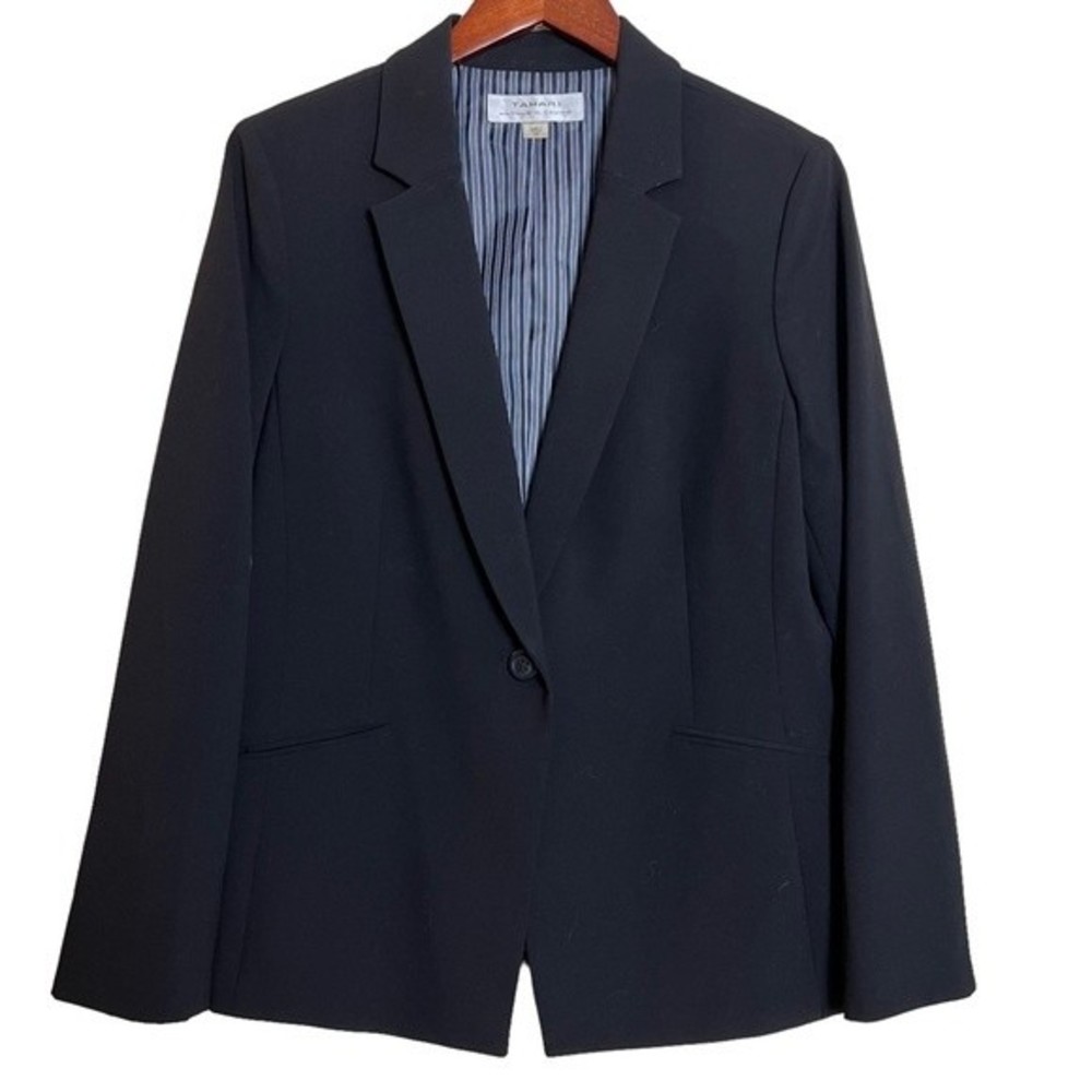 Tahari Black Single Button Blazer Jacket Size 12 Office Career Work Professional